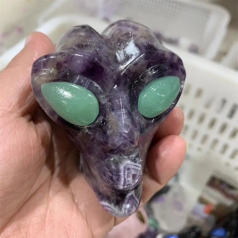 Natural Amethyst Crystal Skull Carving - Handcrafted Alien Skull Statue for Healing, Meditation & Spiritual Collection | Unique Gemstone Decor for Home, Office & Sacred Space