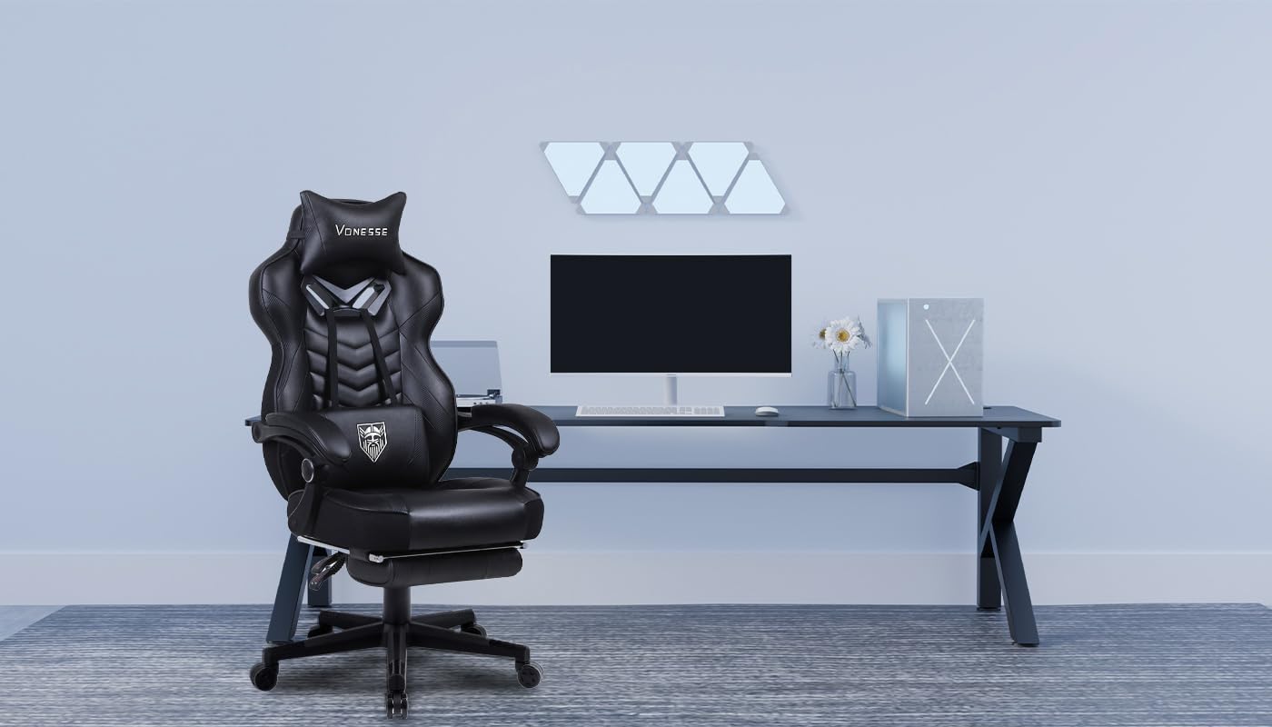 Vonesse Ergonomic Gaming Chair for Adults - High Back Computer Chair with Footrest & Massage - Big and Tall Reclining Office Desk Chair (Black) - Perfect for PC Gaming, Home Office & Esports