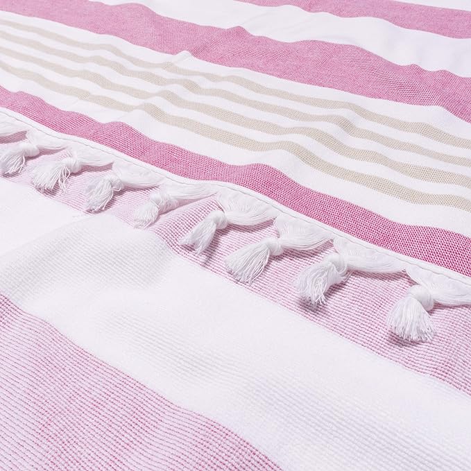 Coastal Resort Stripe Fouta 2-Piece Beach Towel Set with Tassels - Soft & Absorbent for Pool, Beach, Spa & Outdoor Use