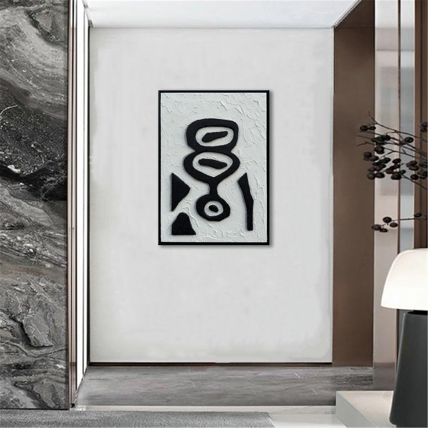 Black and White Abstract Wall Art - Modern 3D Relief Painting Framed Canvas Artwork - Textured Sculptural Boho Wall Hanging for Living Room, Bedroom & Office Decor