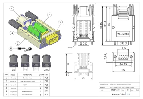 High Density DB15 Male VGA 3 Row Solderless Shielded Metal Hood Connector - RS232 D-Sub Serial Adapter for Computer Monitors, Projectors & Industrial Equipment