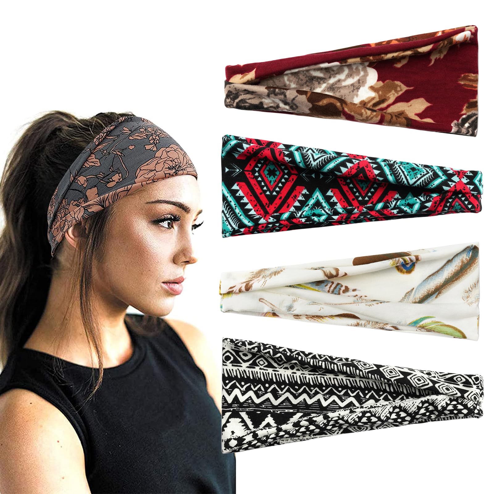 4 Pack Stretchy Soft Boho Headbands for Women - Floral Yoga Sports Hair Accessories - Fashionable Head Wraps for Ladies - Perfect for Workouts, Yoga, Running & Everyday Wear