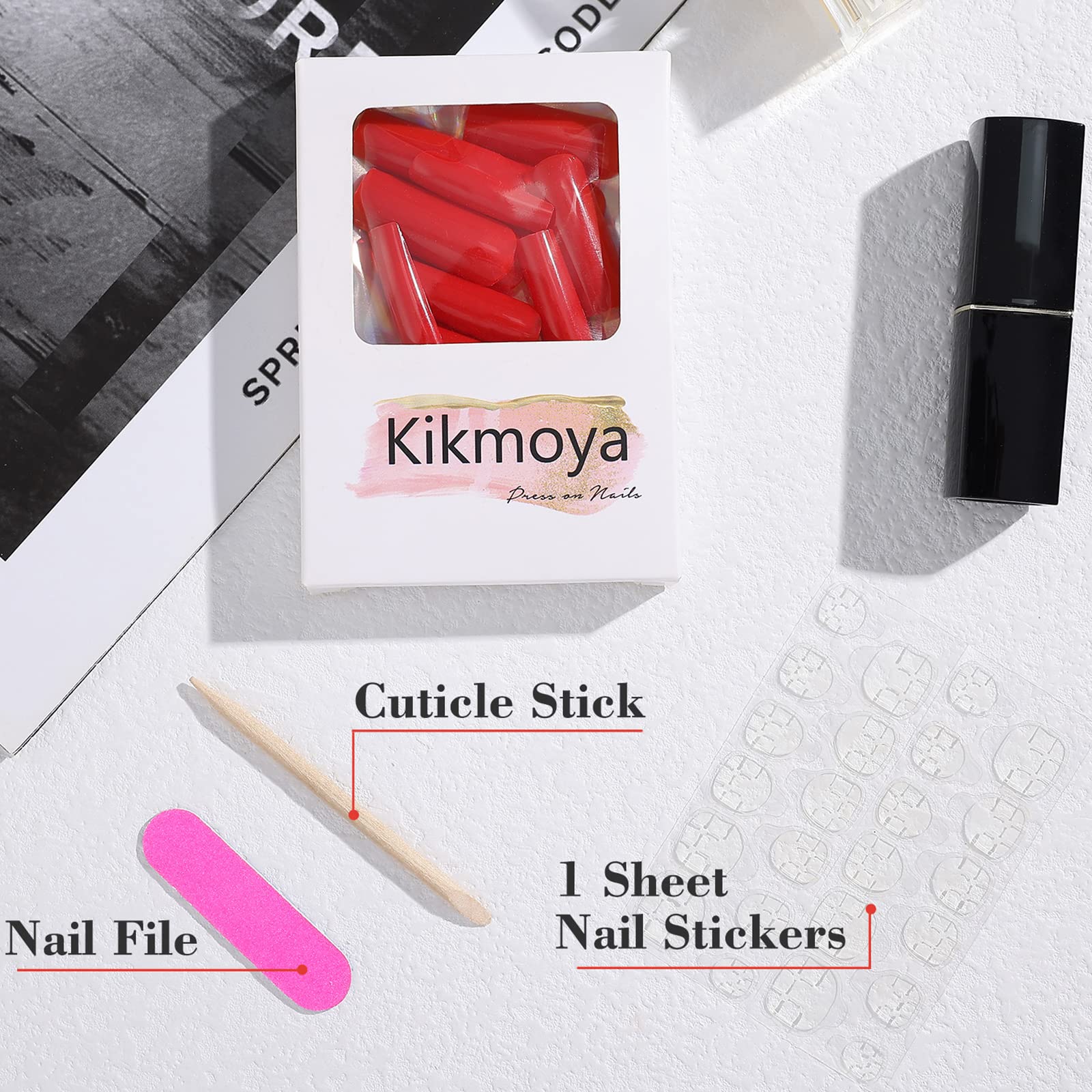 Kikmoya Extra Long Square Press on Nails - Glossy Red Fake Nails, Full Cover False Nail Tips, Acrylic Stick on Nails for Women - Perfect for Parties, Weddings, and Everyday Manicure