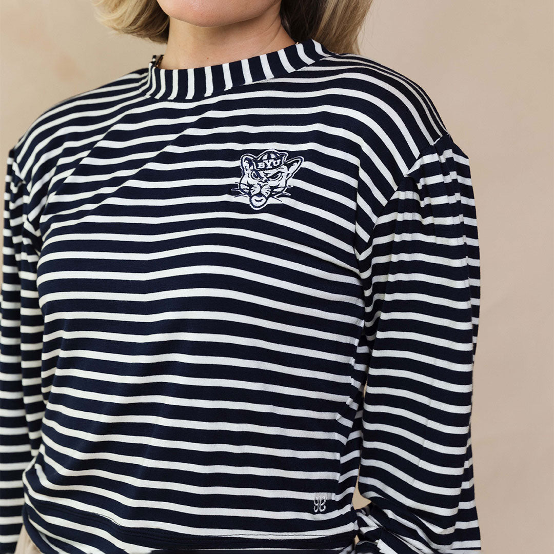 BYU Coco Long Sleeve T-Shirt for Women - Navy Blue Striped Casual Top - Perfect for Work, Travel and Everyday Wear