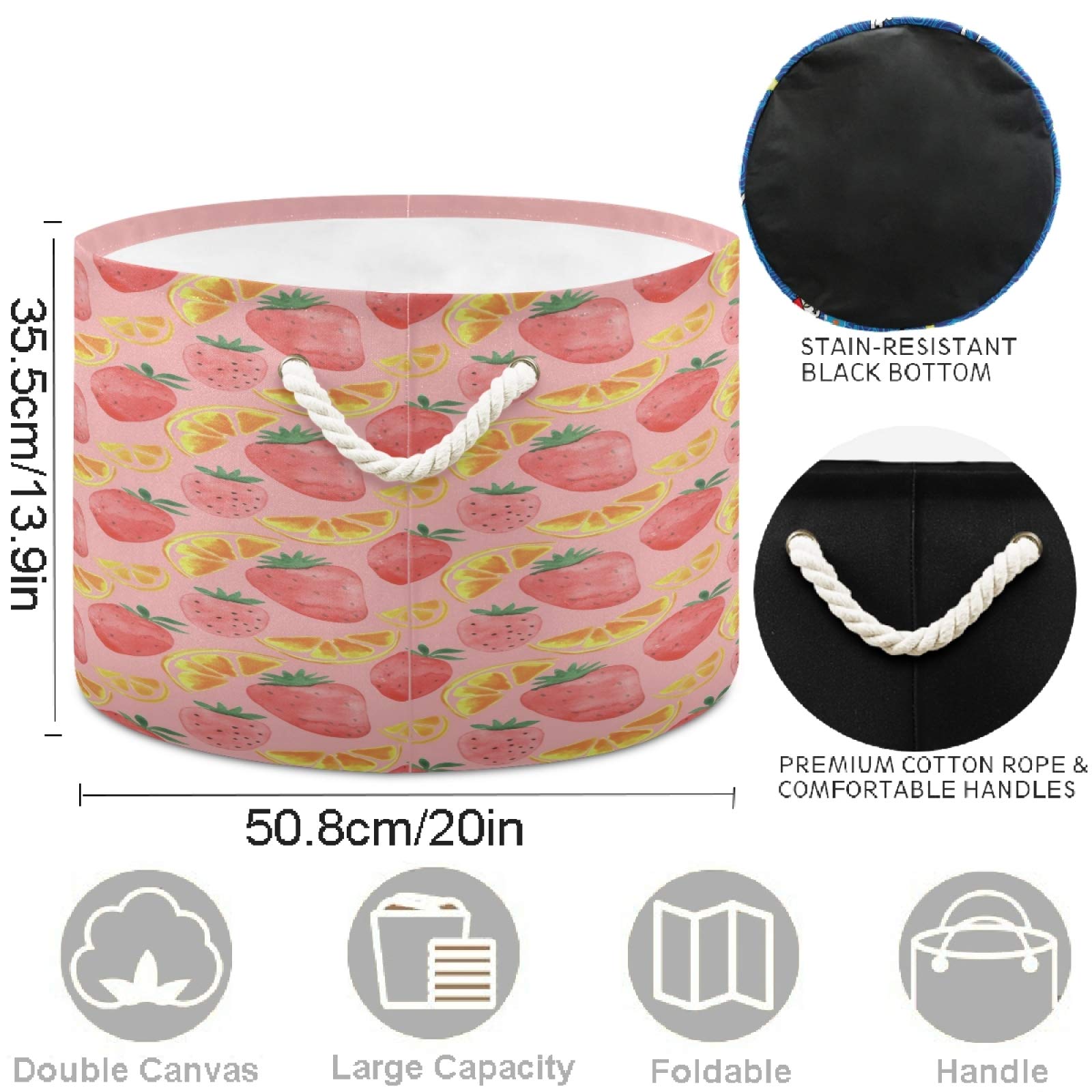 Visesunny Canvas Storage Basket - Strawberry & Lemon Print Toy Organizer Bin for Kids Room, Playroom, Shelves | Nursery Hamper, Laundry Basket, Gift Basket | Perfect for Organizing Toys, Clothes & Decor