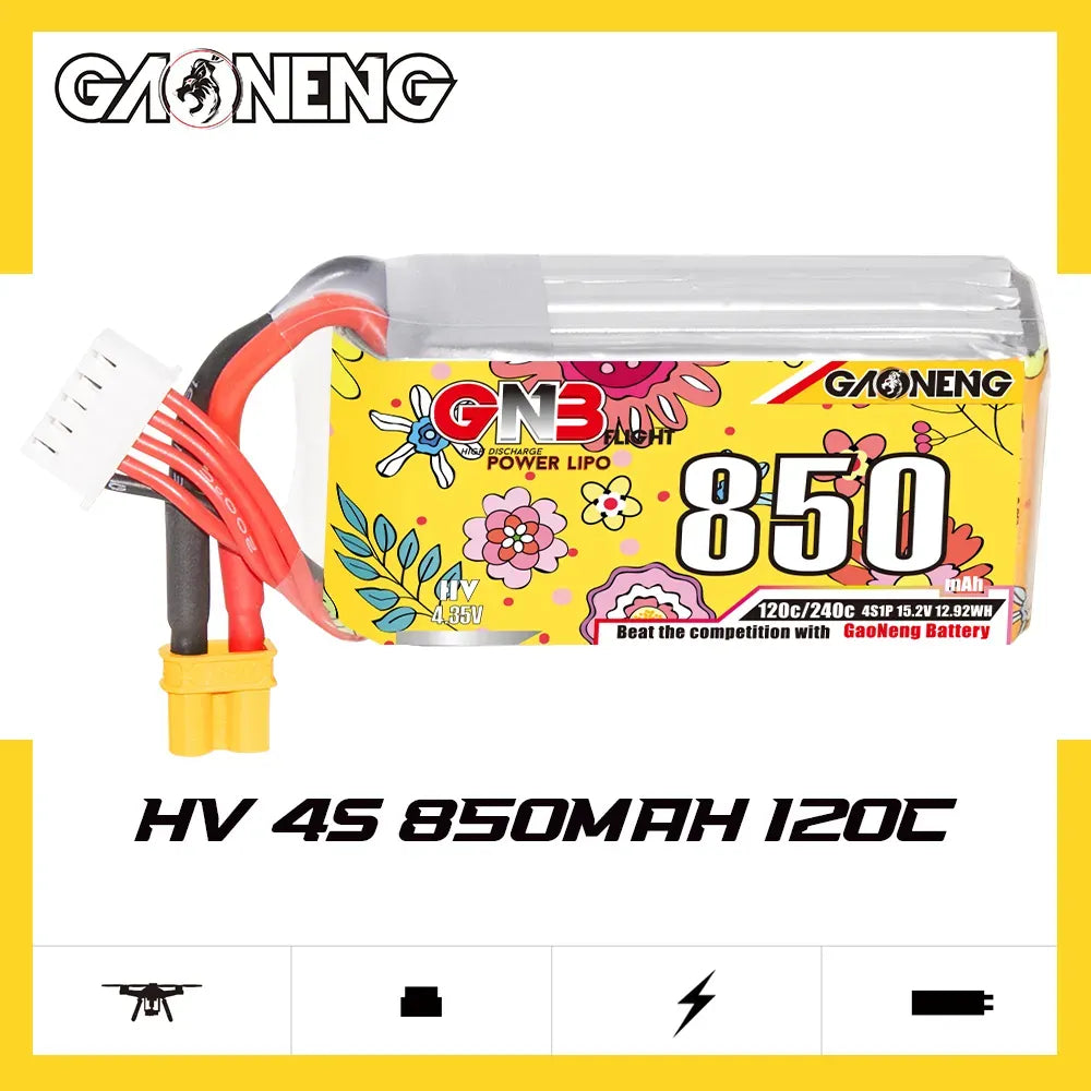 GAONENG GNB LiHV 4S 15.2V 850mAh 120C XT30 LiPo Battery for RC Drones, FPV Racing, and Airsoft Guns - High Performance Rechargeable Drone Battery