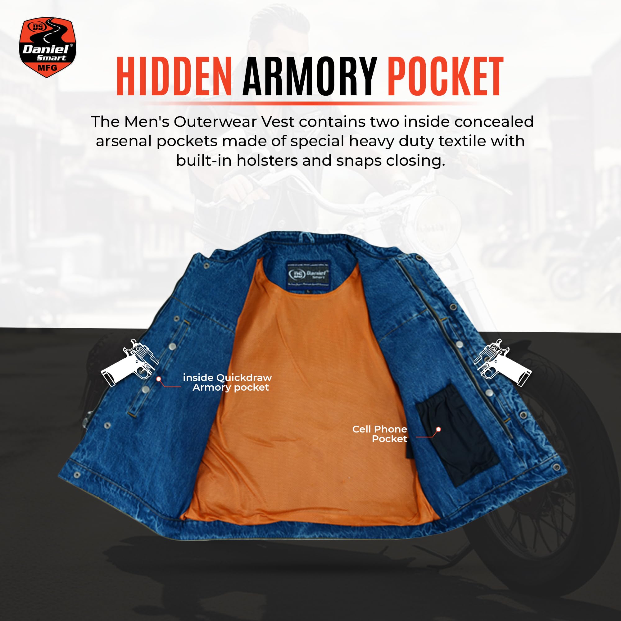 Daniel Smart Men's Denim Vest - Scoop Collar Motorcycle Jacket with Concealed Armory Pockets & Hidden Zipper - Perfect for Biker Outfits, Casual Wear & Outdoor Adventures