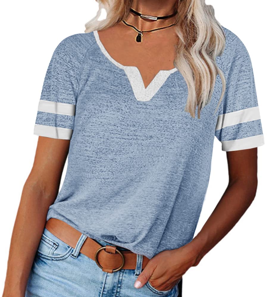MaQiYa Women's V-Neck Color Block Tunic T-Shirt - Soft Cotton Short Sleeve Casual Top for Summer | Perfect for Work, Weekend Outfits & Layering