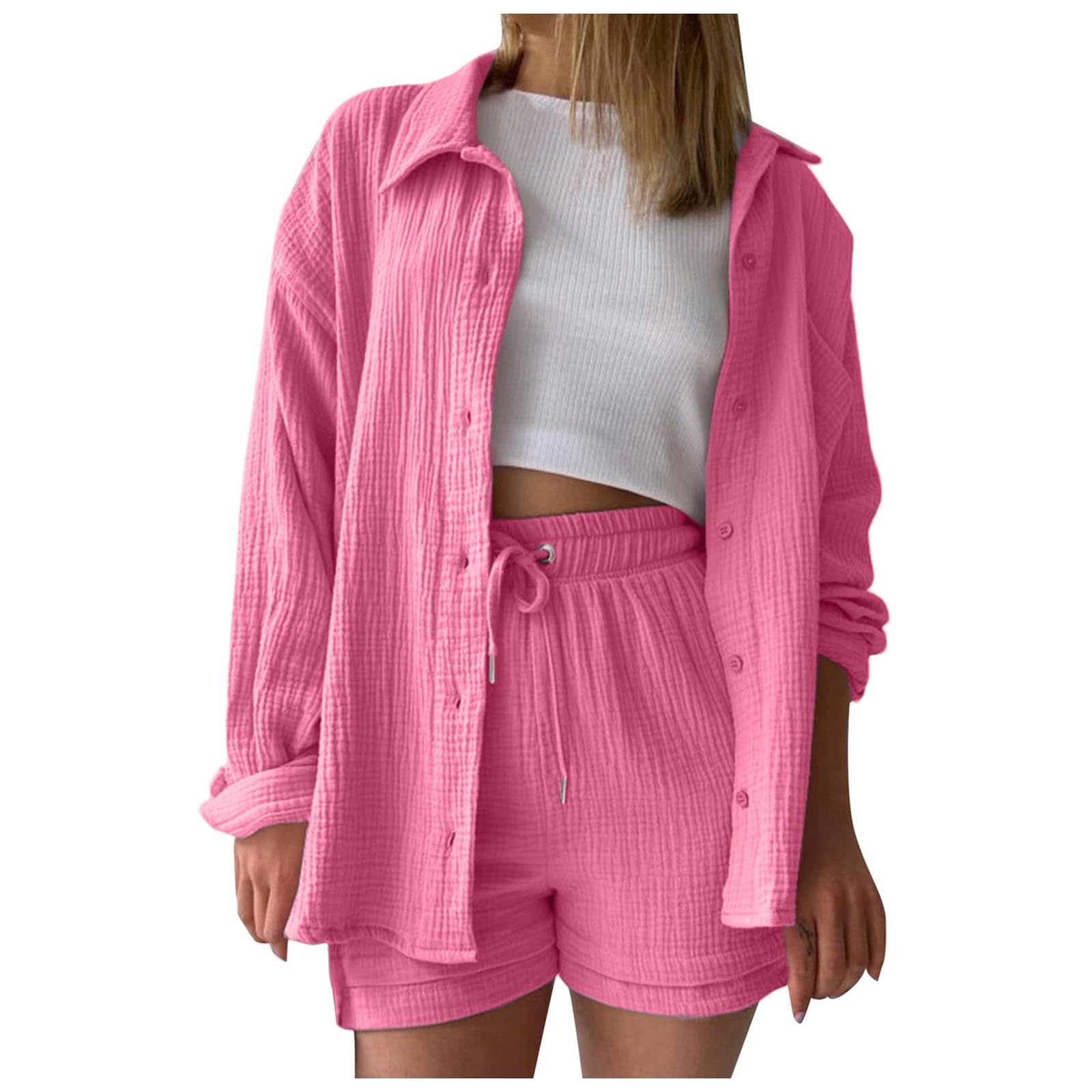 Aniywn Women's Summer 2-Piece Shorts Set - Cotton Linen Tracksuit Outfit for Plus Size - Casual & Dressy Matching Shirt & Shorts for Beach, Vacation & Everyday Wear