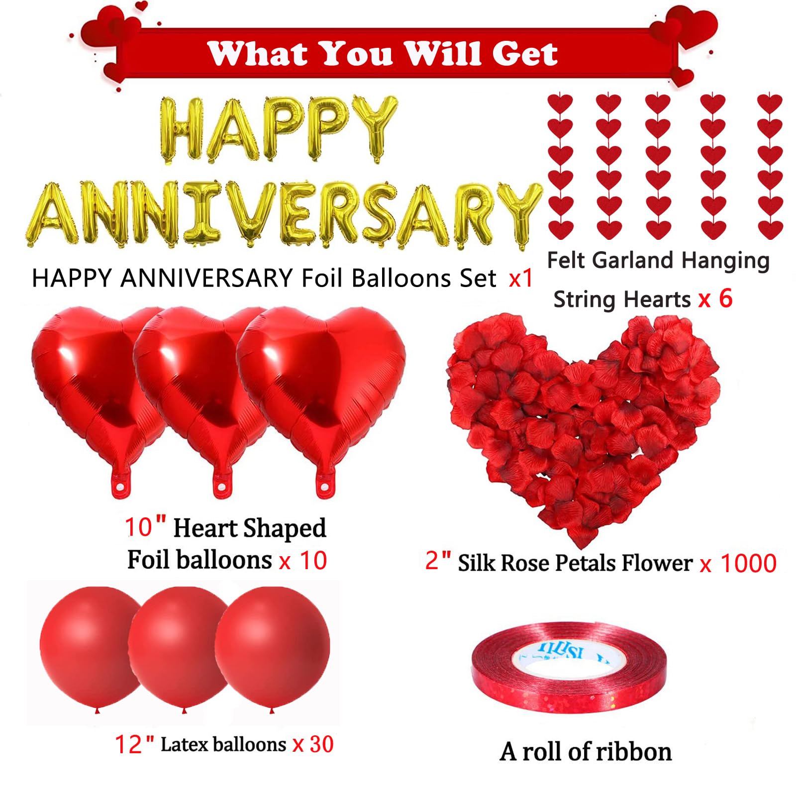 Happy Anniversary Balloons & Red Felt Garland - Romantic Party Decorations for Wedding, Bridal Shower, Anniversary Celebrations - Includes String Hearts, Red Balloons & Silk Rose Petals - Perfect for Indoor/Outdoor Party Decor