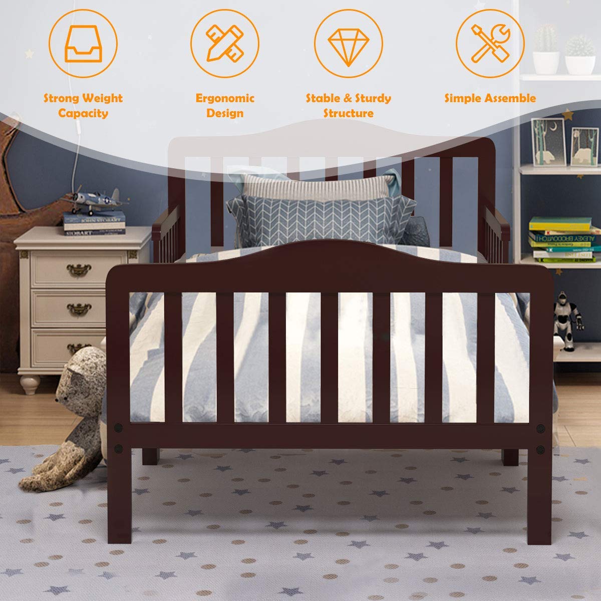 Costzon Toddler Bed - Classic Wooden Kids Bed Frame with Double Safety Guardrail, Low to Floor Design & Wooden Slat Support - Fits Full Size Crib Mattress - Perfect Nursery Furniture for Boys & Girls (Cherry) - Ideal for Safe Toddler Sleep Transition & Small Bedroom Spaces