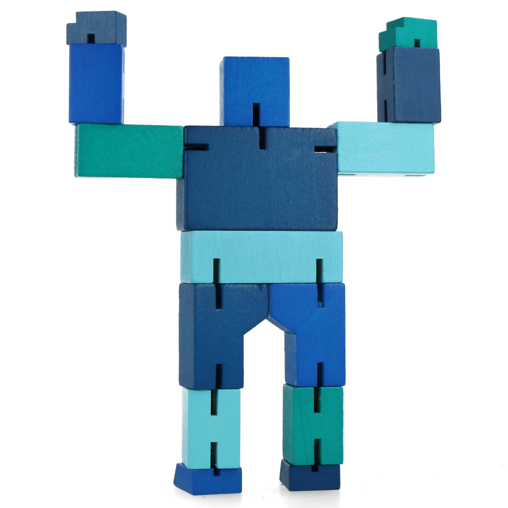 Cubebot Small Blue Multi-Jointed Wooden Robot Toy - Perfect for Kids' STEM Learning & Creative Play