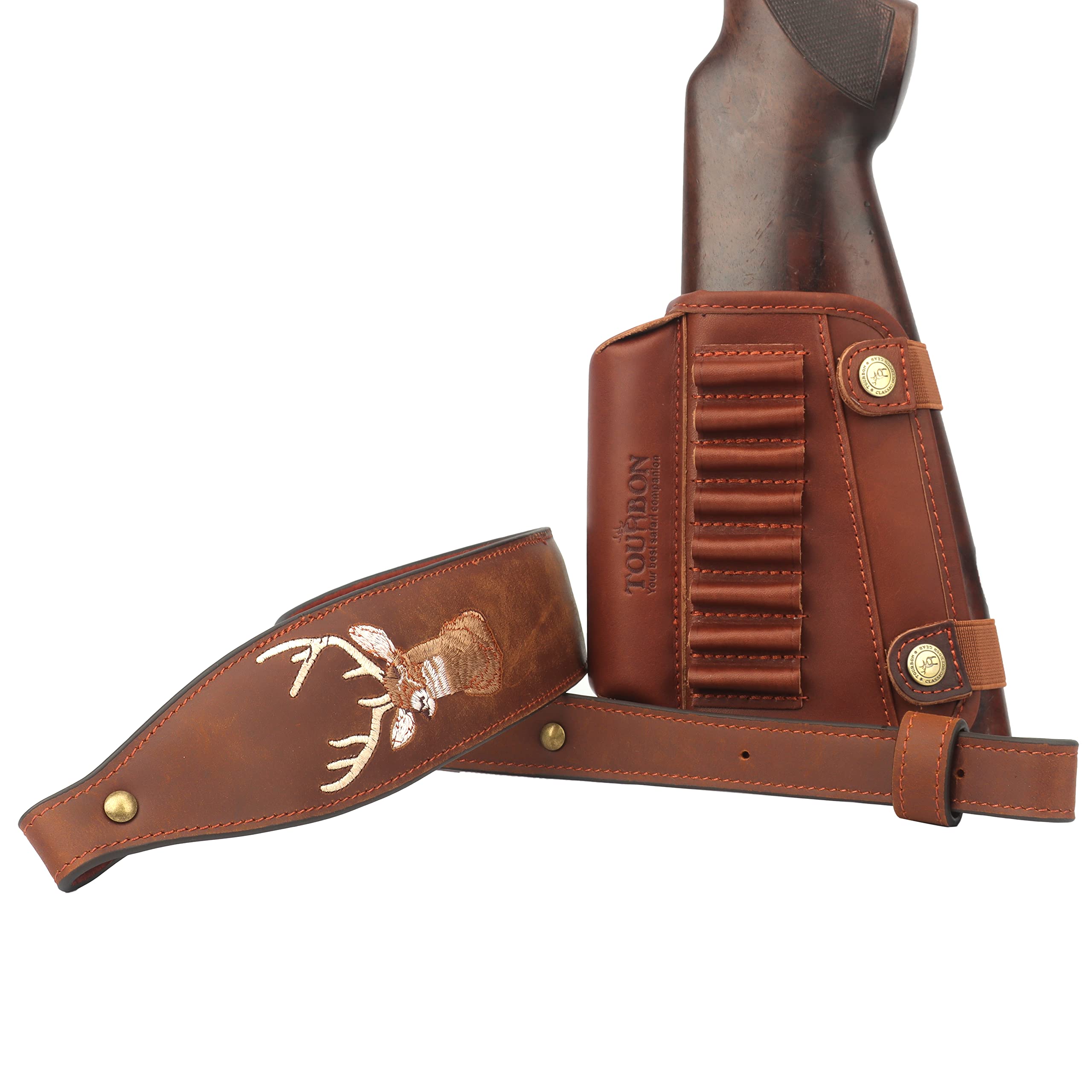 TOURBON Leather Cheek Rest with Bullet Ammo Carrier & Rifle Gun Sling with Swivels - Comfortable Shooting Accessories for Hunting, Range Practice, and Tactical Use