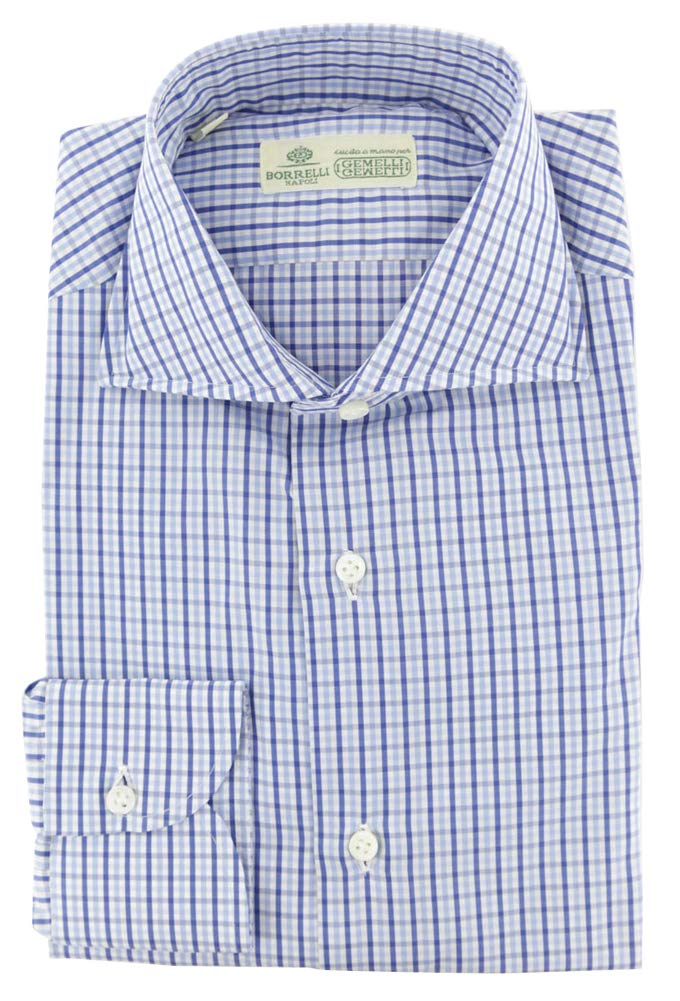Luigi Borrelli Men's Blue Plaid Cotton Button Down Shirt with Wide Spread Collar - Size 15/38 | Premium Dress Shirt for Business, Office & Formal Occasions