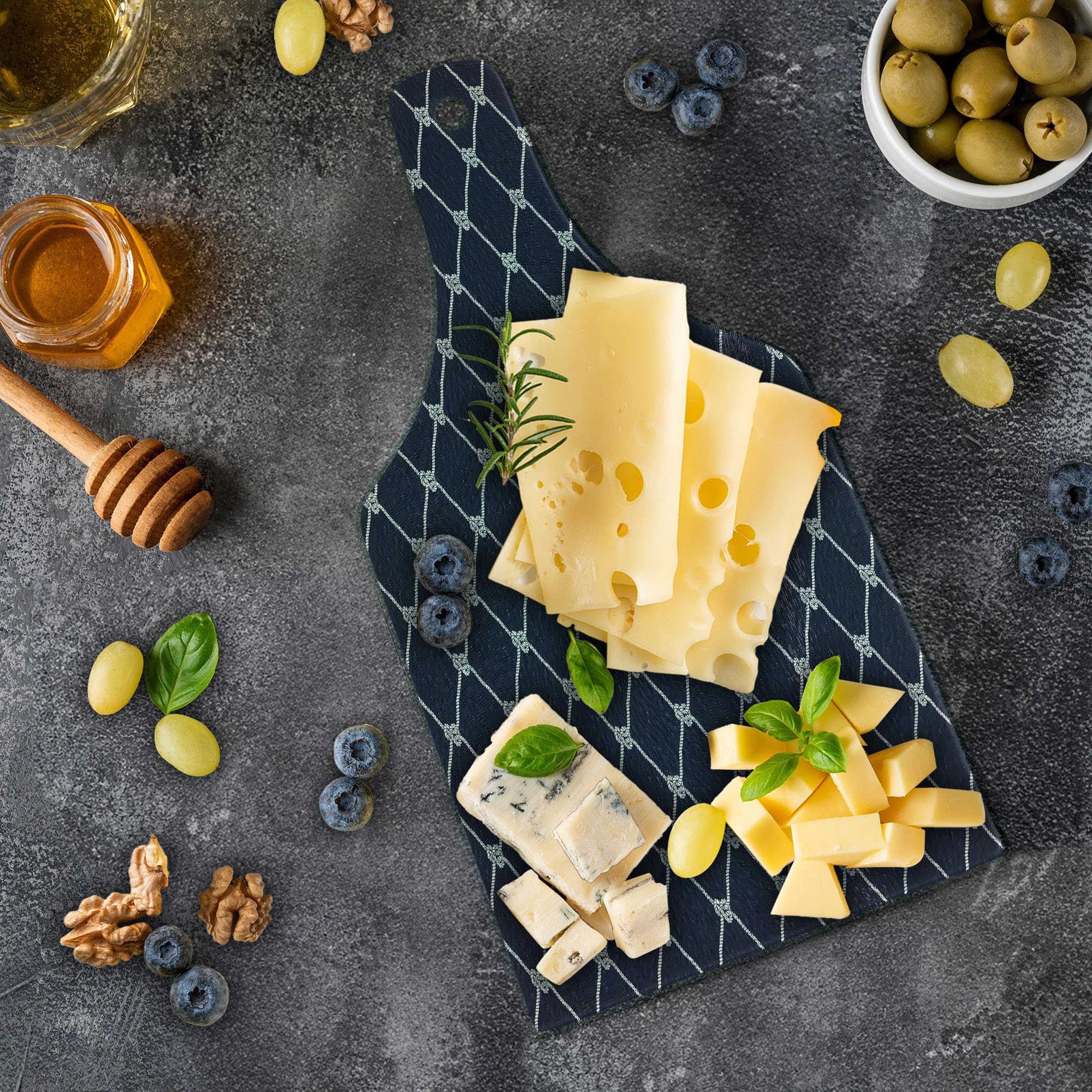 Ambesonne Navy Blue Tempered Glass Cutting Board - Classic Yacht & Sea Theme, Decorative Serving Board with Wine Bottle Shape, Dark Blue & White Design - Perfect for Kitchen Prep, Charcuterie, Cheese Platters & Entertaining