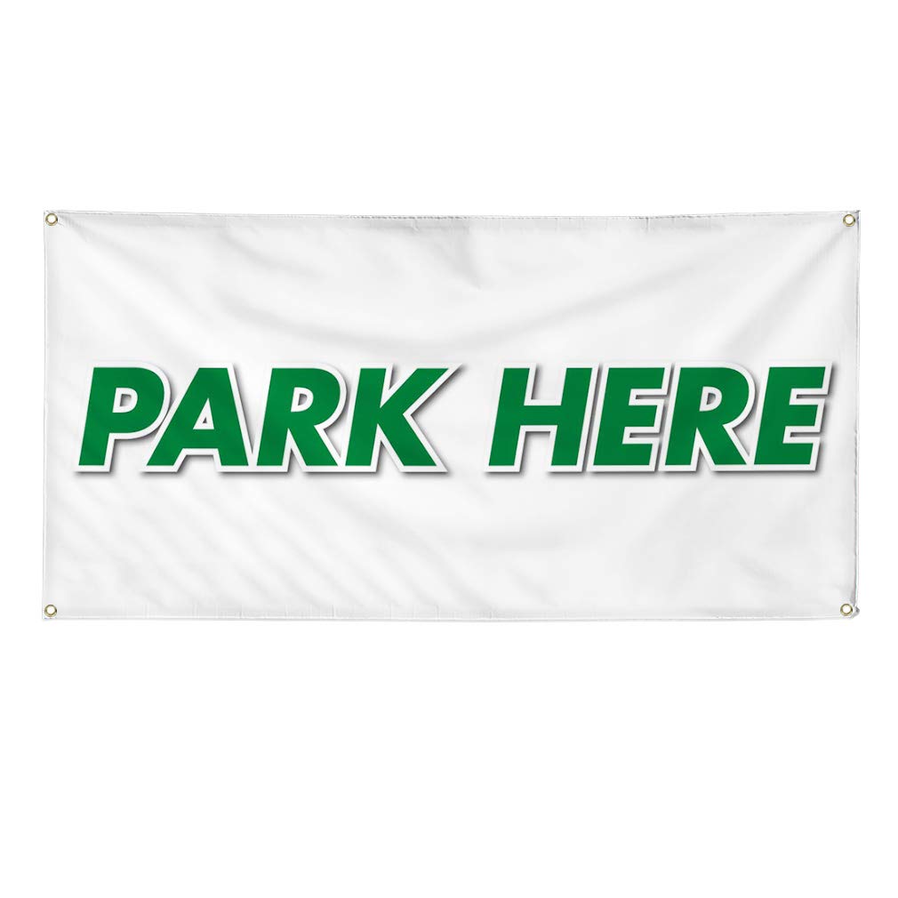 Vinyl Banner - Park Here Business Sign - Weatherproof & Durable - Multiple Sizes (48x96 Inches) - White with 8 Grommets - Perfect for Outdoor Business, Industrial Yard & Event Signage
