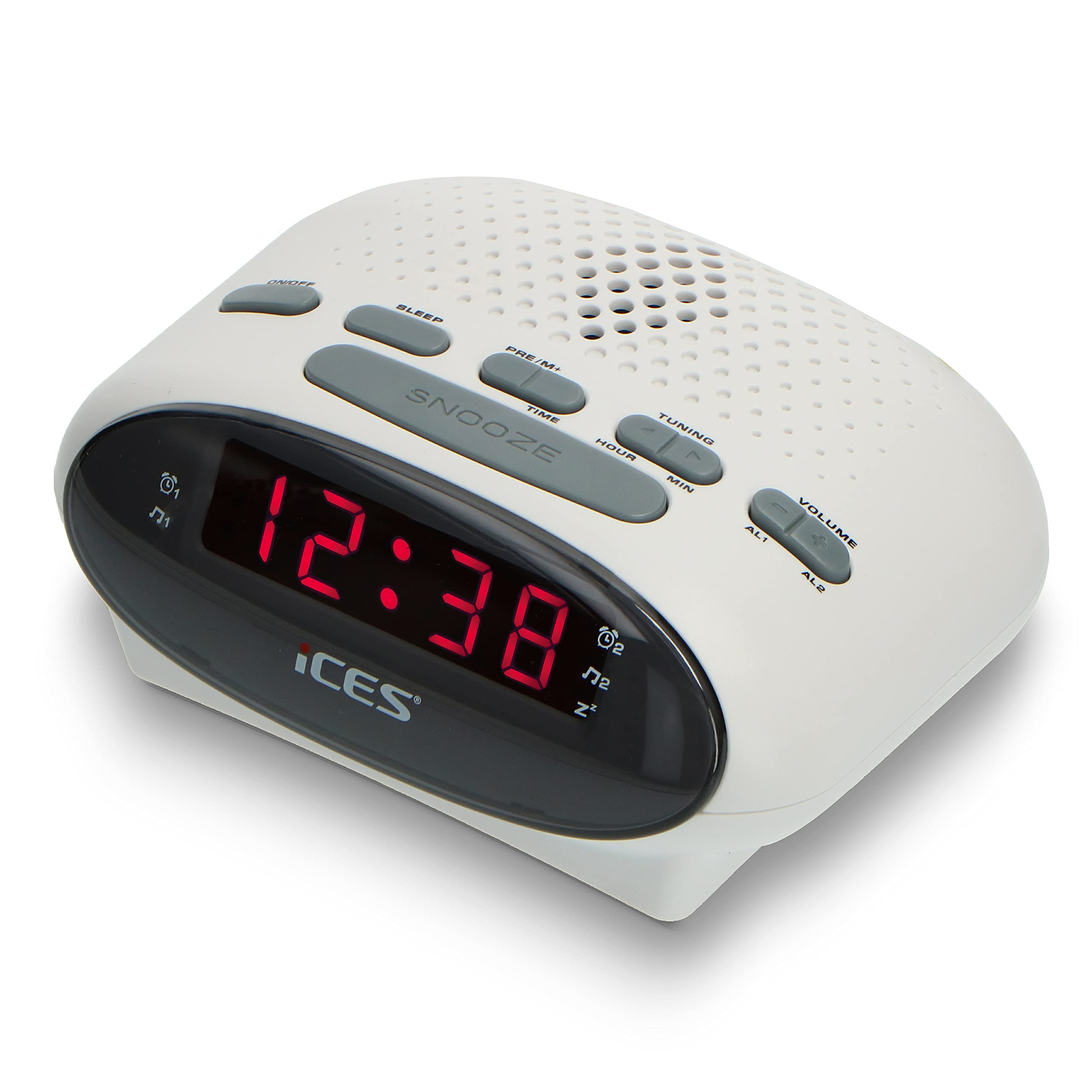 ICR-210 White FM Alarm Clock Radio with PLL-FM Tuner, Built-in Speakers, LED Display, Dual Alarms & Snooze Function - Perfect for Bedroom, Office, and Travel