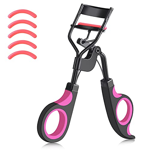 Black Handle Eyelash Curler with 5 Replacement Silicone Pads - Professional Lash Curling Tool for Makeup & Cosmetics - Perfect for Daily Use, Salon, Bridal & Party Makeup Looks