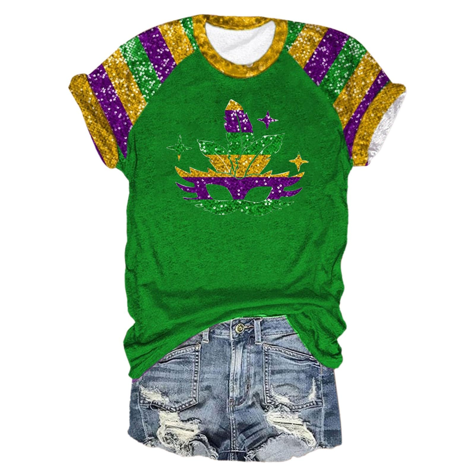 2025 Mardi Gras Shirts for Women - Short Sleeve Crewneck Graphic Tee, Fat Tuesday Carnival T-Shirt & Loose Dressy Blouse | Perfect for Mardi Gras Parties, Carnival Celebrations & Casual Wear