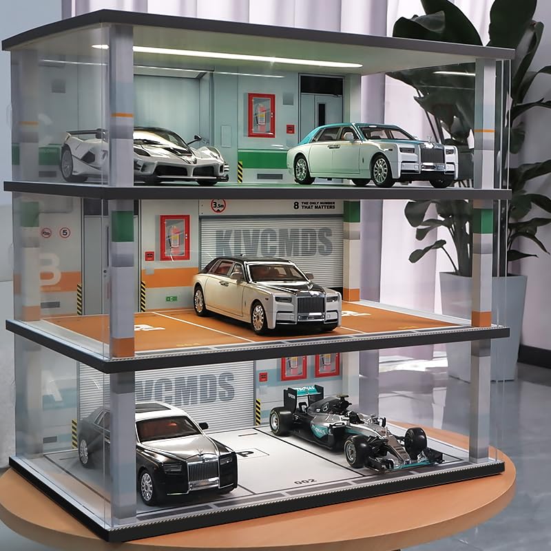 1:18 Scale Diecast Model Car Display Case with LED Lights - 3 Tier Wooden Storage Shelf for Lego, Alloy Car Collectibles & Diorama Garage - Perfect for Showcasing 9 Vehicles in Home, Office or Retail Store Displays