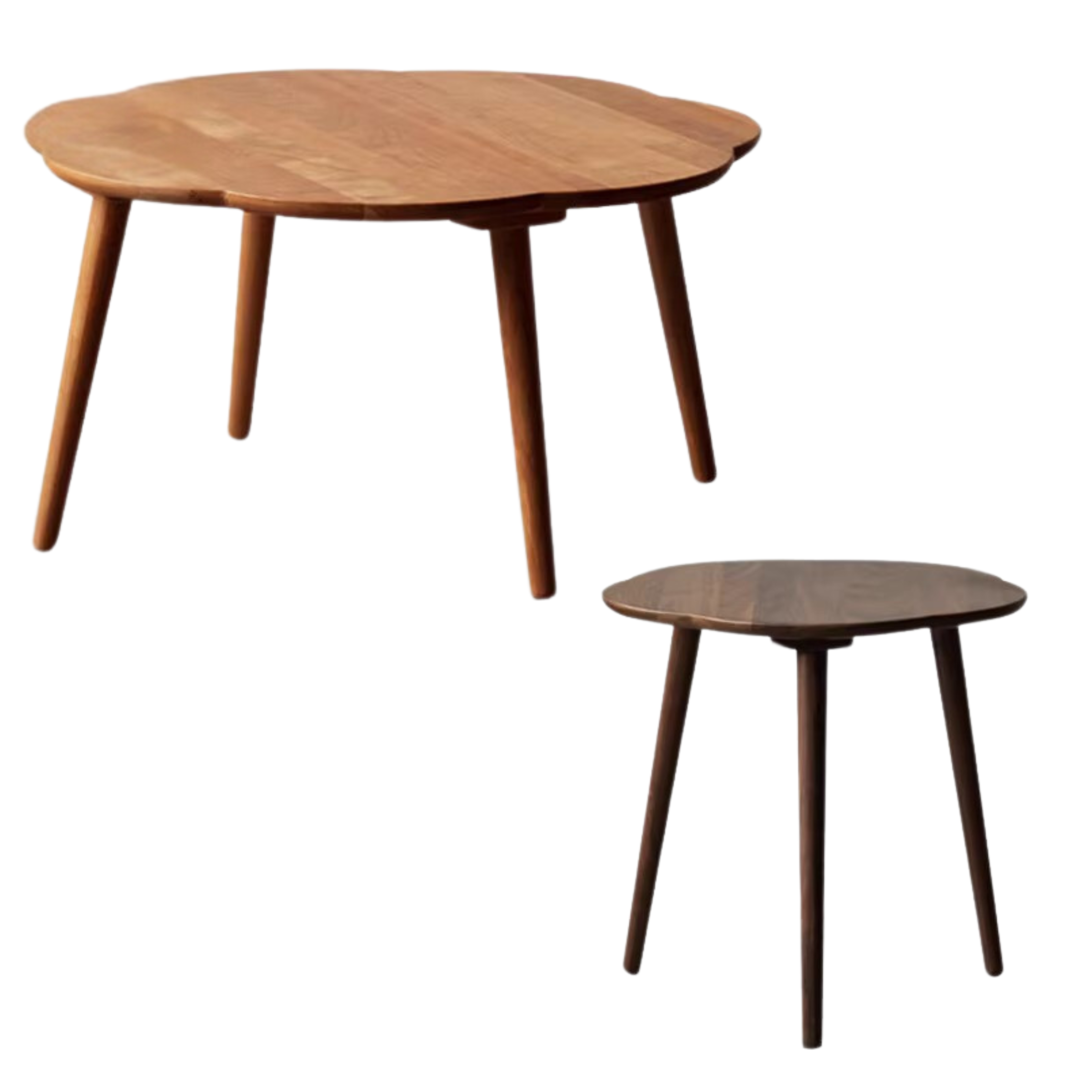28x28x15 inch / 71.2x71.2x38сm + 20x20.4x19.7 inch / 50.8x51.8x50сm / Cherry color + Rich Dark Walnut color / Cherry wood large coffee table + Black walnut small coffee table