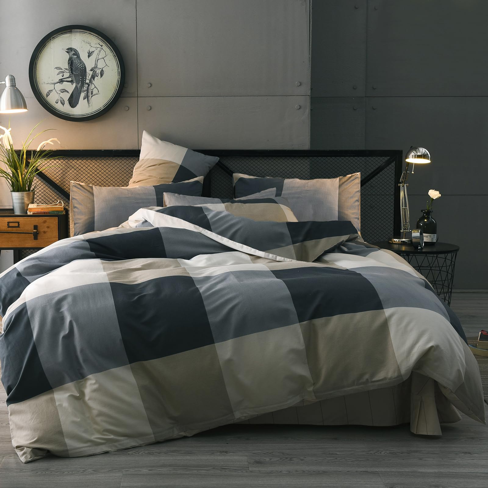 Mixinni King Comforter Set for Men & Boys - Geometric Checkered Plaid Printed All Season Soft Lightweight Bedding - King Size - Perfect for Dorm, Bedroom & Guest Room Decor