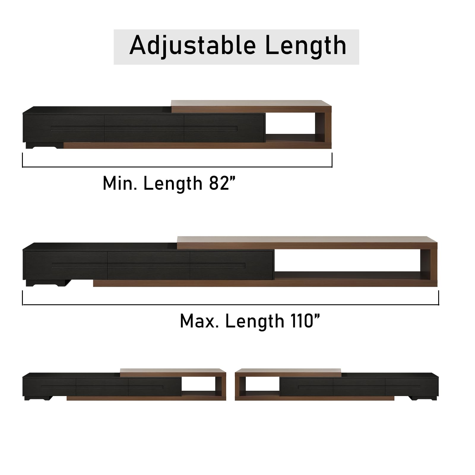 Extendable TV Stand for 82-110 Inch TVs - Modern Wood Reversible TV Media Console with 3 Drawers - Entertainment Center for Living Room & Bedroom (Black & Walnut) - Perfect for Home Theater Setup & Space-Saving Storage