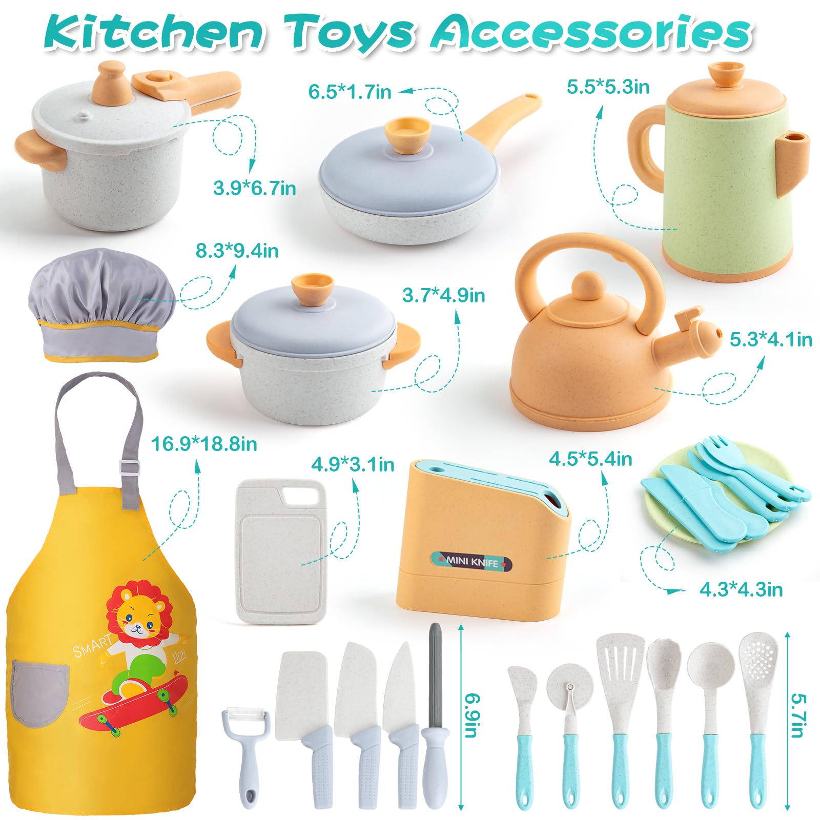 Sundaymot Kids Play Kitchen Accessories Set - Pretend Cooking Toys with Pots, Pans, Apron & Dishes | Educational Learning Toys for Toddlers & Preschoolers | Perfect Birthday Gift for Boys & Girls | Great for Role Play & Early Childhood Development