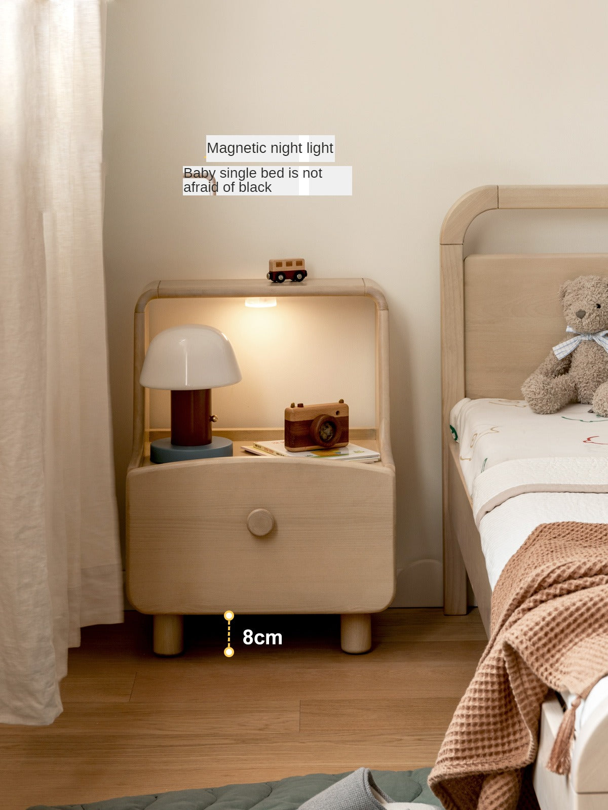Solid Wood Nightstand with Built-in Night Light - Birch & Beech Wood Bedside Table for Bedroom, Living Room, or Nursery - Modern & Functional Furniture for Small Spaces