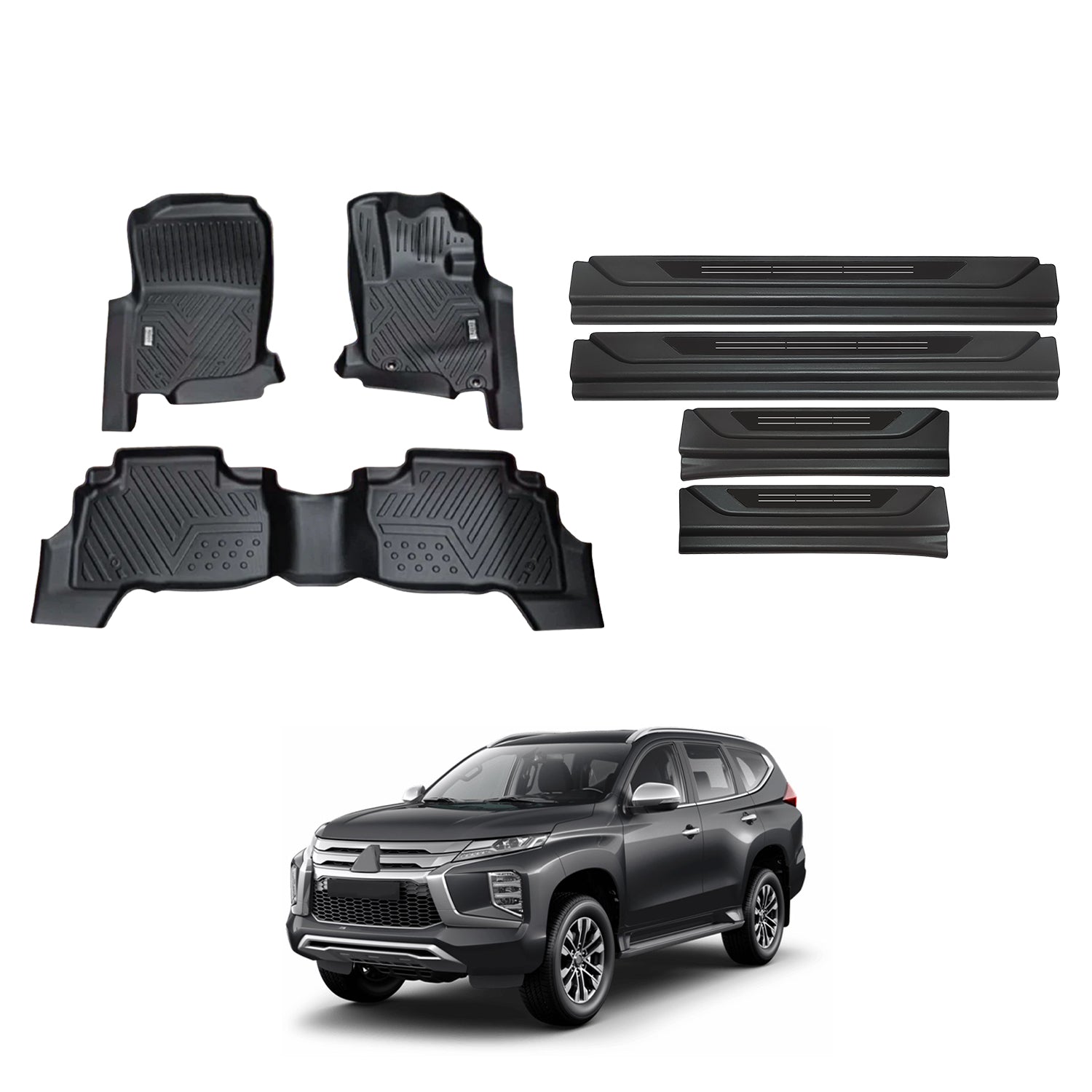 Premium All-Weather Car Floor Mats & Black Door Sill Protectors for Mitsubishi Pajero Sport 2015-2024 | 5 & 7 Seater Models | Durable Protection for Off-Road & Family Adventures
