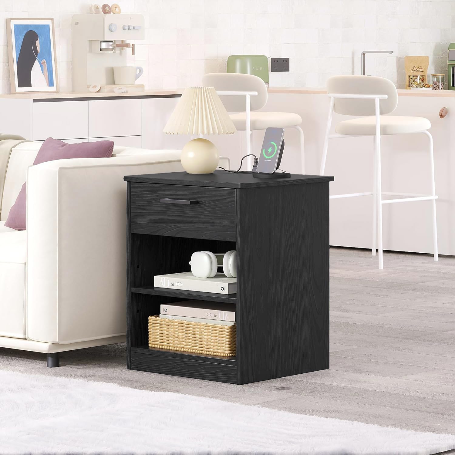 Fast Charging Wooden Side Table with USB-C Port - Black Nightstand with Drawer & Adjustable Shelf for Bedroom | Compact End Table for Phone Charging, Reading Lamp & Alarm Clock Placement (Set of 1)