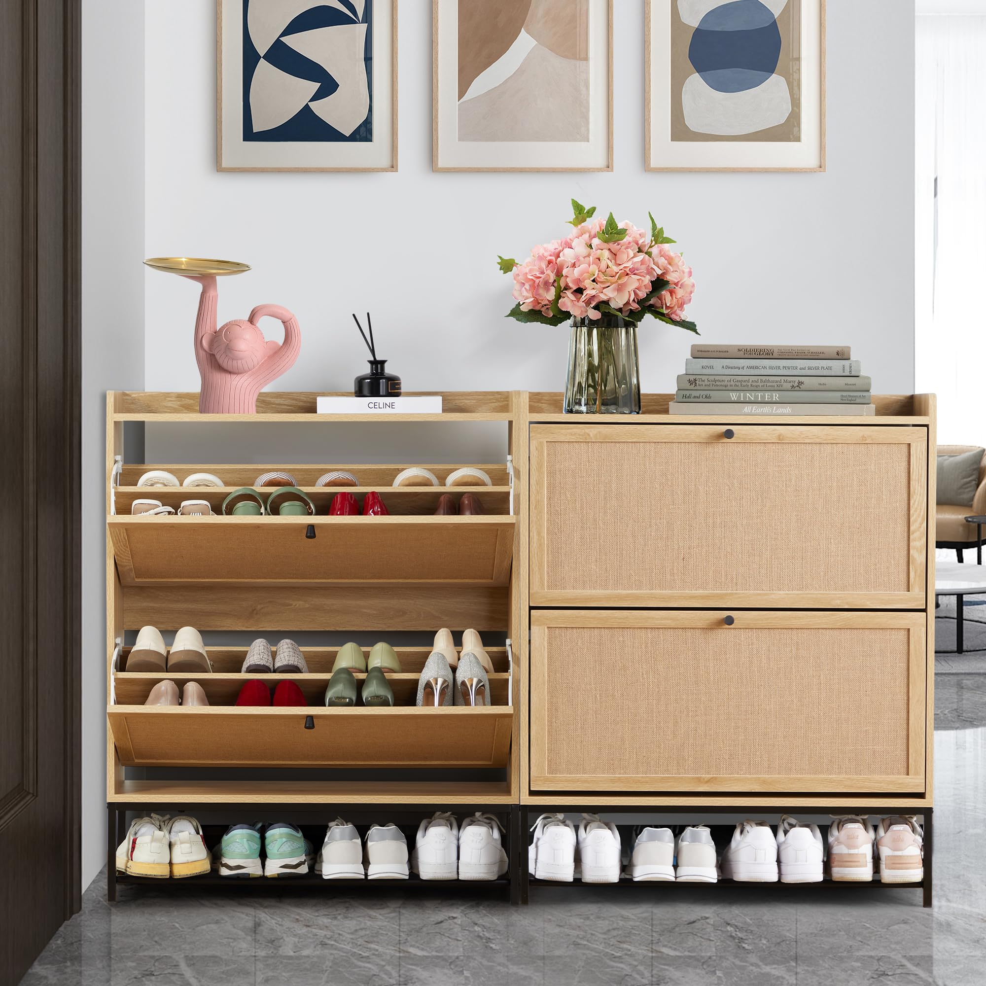 LEVNARY Wooden Shoe Storage Cabinet with 2 Flip Drawers - Narrow Freestanding Shoe Rack Organizer for Entryway & Hallway - Natural Oak Finish with Sturdy Metal Legs - Perfect for Small Spaces, Apartment Living & Closet Organization