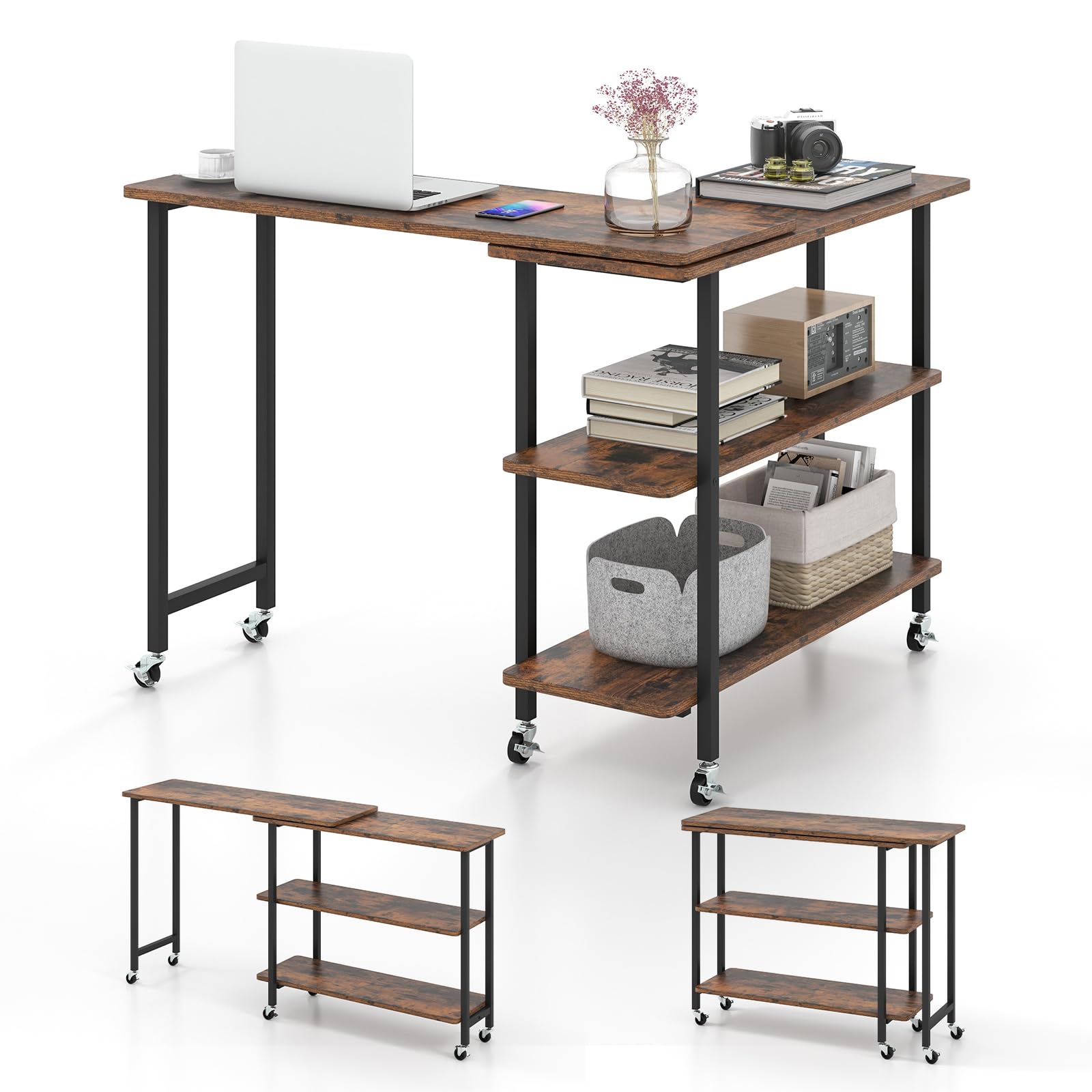 Tangkula 360° Rotating Side Table with 2-Tier Storage - Mobile End Table with Lockable Casters & Metal Frame - Swivel Rolling Desk for Living Room, Bedroom & Office - Perfect as Laptop Table, Couch Table or Snack Stand