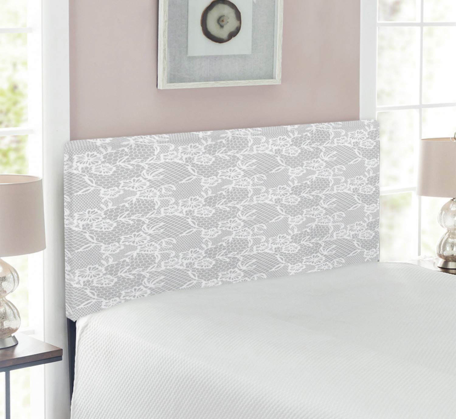 Ambesonne Grey Upholstered Headboard with Oriental Turkish Lace Pattern - Twin Size Memory Foam Bed Headboard for Master Bedroom Decor | Traditional Artwork Inspired Design in White