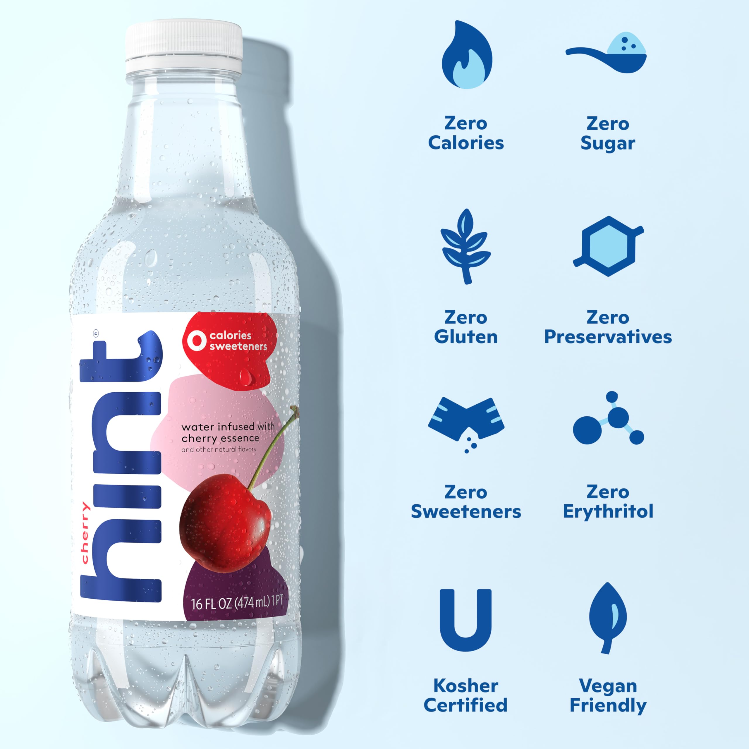 Hint Water Cherry - Pure Water Infused with Real Cherry, Zero Sugar, Zero Calories, No Sweeteners, No Preservatives, No Artificial Flavors, 16 Fl Oz (Pack of 12) - Refreshing Hydration for Workouts, Office & Healthy Lifestyle