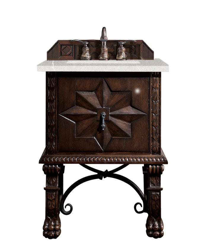 Balmoral 26 Inch Single Bathroom Vanity Set with 3CM Eternal Serena Quartz Countertop - Antique Walnut Finish - Perfect for Small Bathrooms & Powder Rooms