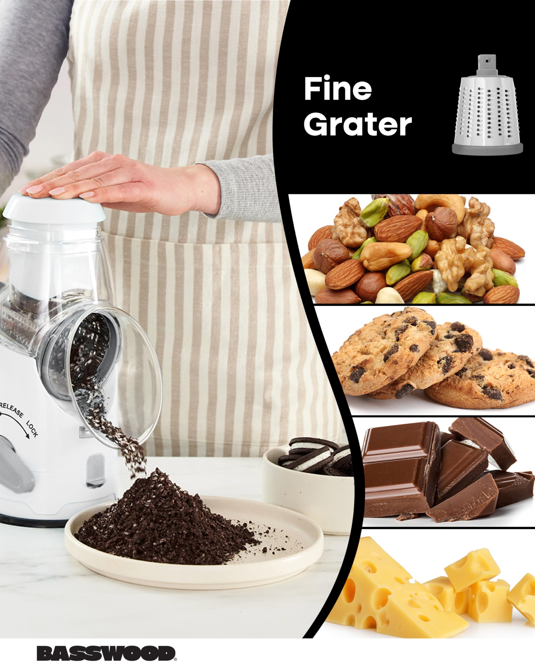 Premium Rotary Cheese Grater with Ergonomic Handle - 3 Stainless Steel Drum Blades for Shredding Cheese, Vegetables & Nuts - Multi-Functional Kitchen Mandoline Slicer with Peeler (White) - Perfect for Pizza Topping, Salad Prep & Baking Needs