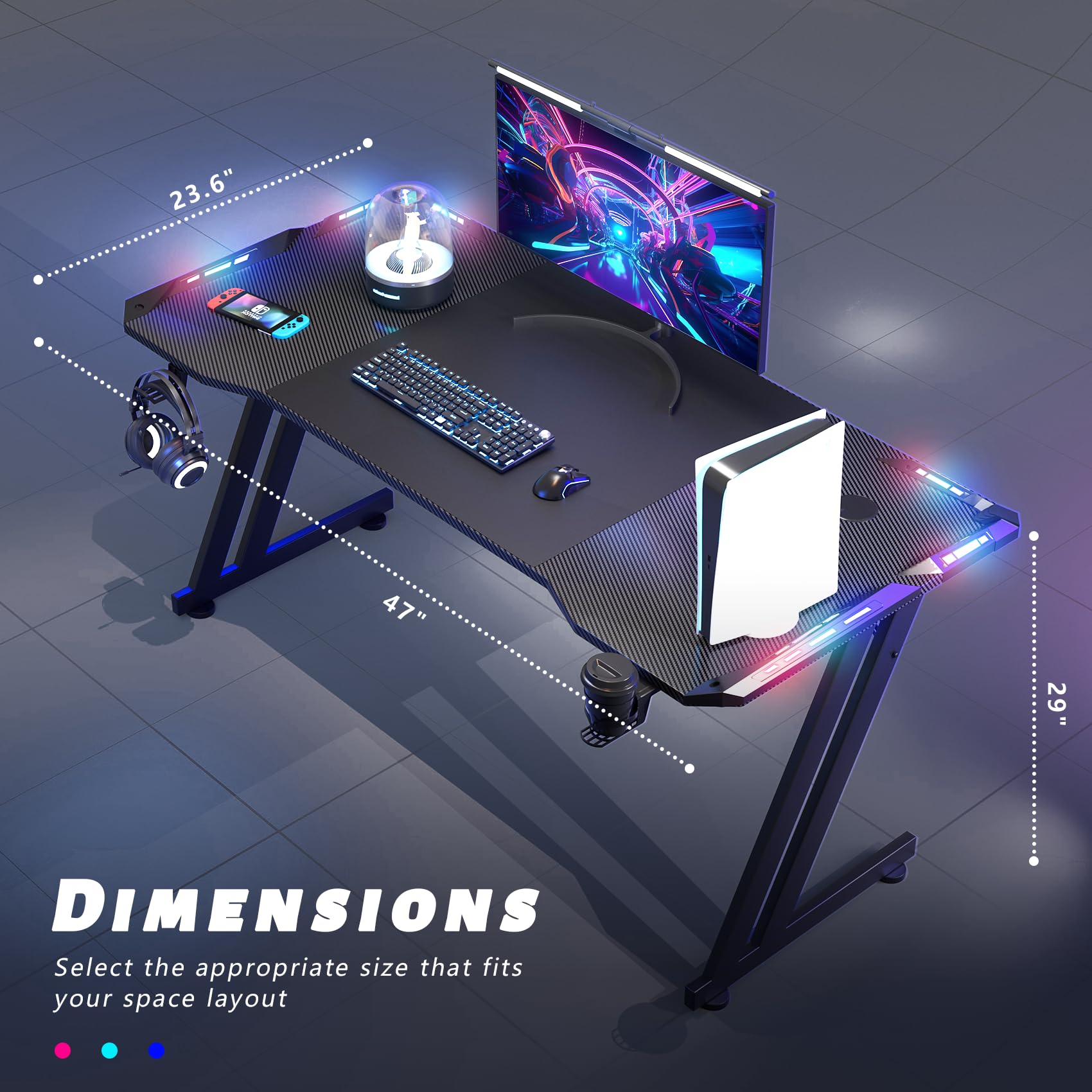HLDIRECT 47 Inch LED Gaming Desk with Carbon Fiber Surface - Ergonomic Z-Shaped Computer Desk for Home Office | Cup Holder & Headphone Hook | Perfect for PC Gaming, Streaming & Workstations