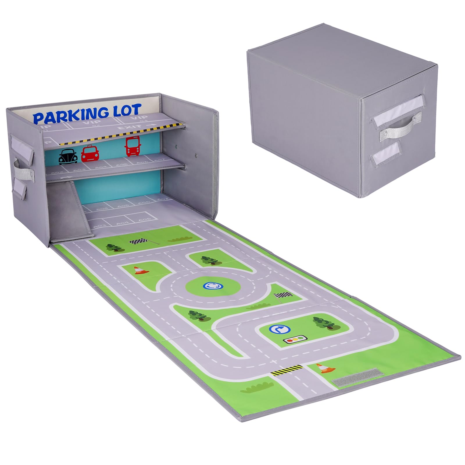 Livememory Toy Car Storage Box & Garage Playset with Rug Play Mat - Organize & Store Toy Cars - Perfect for Kids' Room, Playroom & Travel (Cars Not Included)