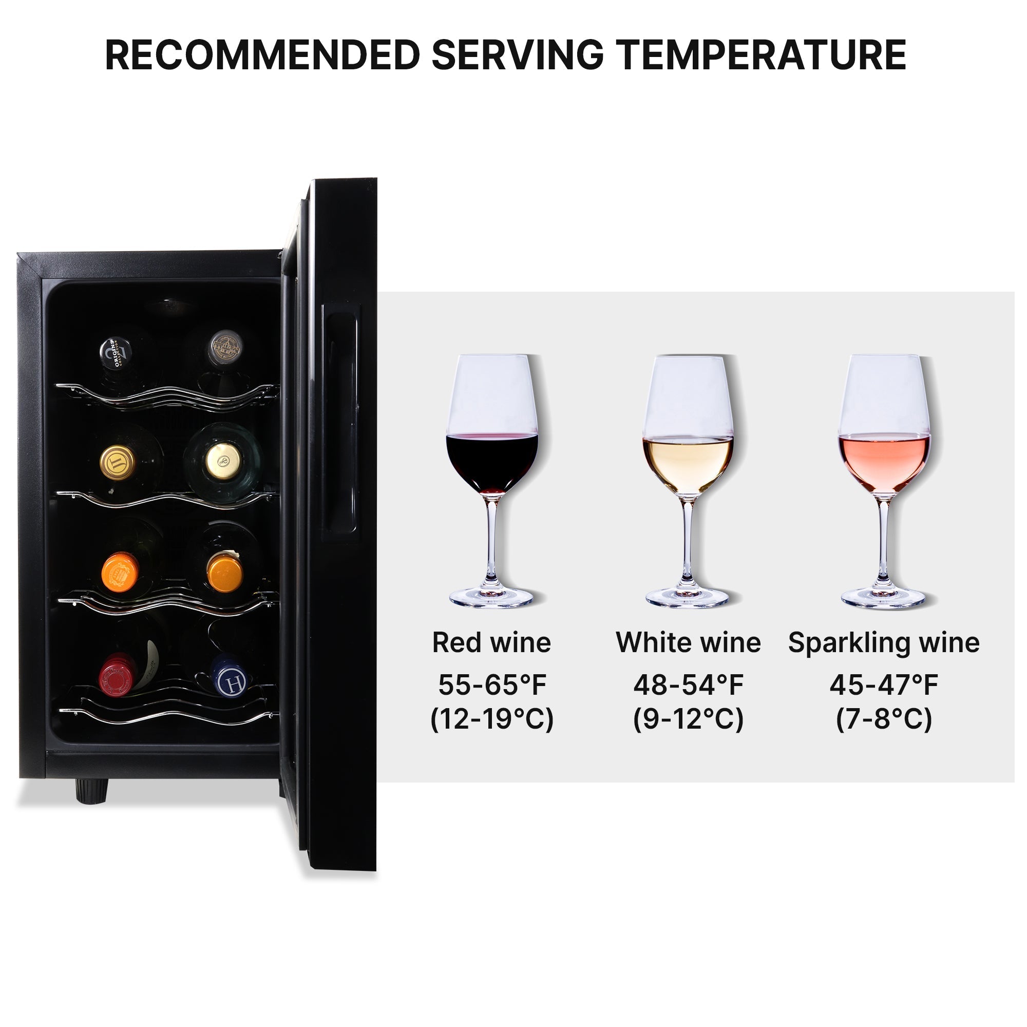 Koolatron 8 Bottle Thermoelectric Wine Cooler - 0.8 cu. ft. (23L) Freestanding Wine Fridge for Red, White & Sparkling Wine - Compact Black Wine Cellar for Small Kitchen, Apartment, Condo, RV, Office & Bar Use