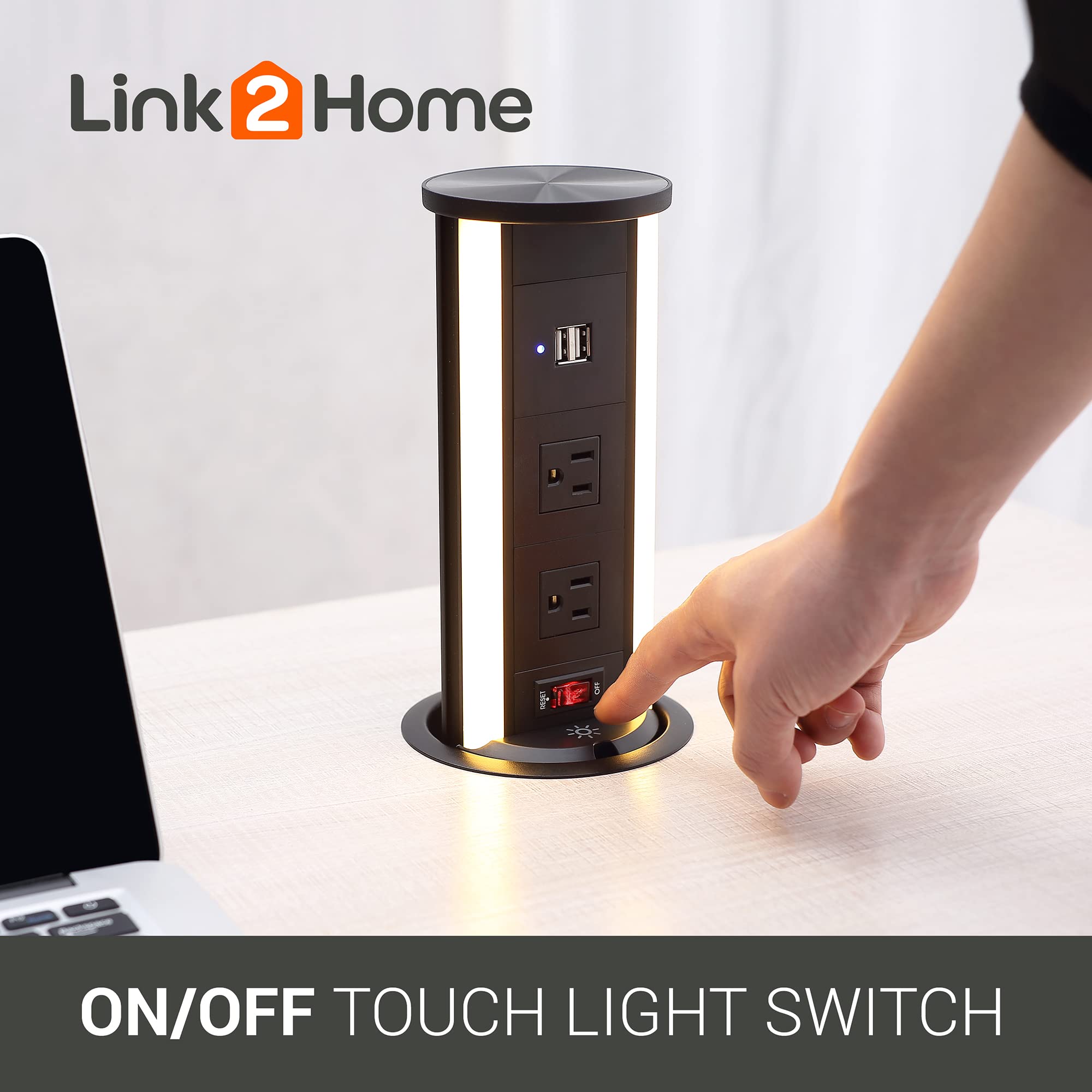 Link2Home Automatic Pop Up 10W Wireless Charging Station with 2 Power Outlets (15A) & 2 USB Ports (3.4A) - Splash Resistant, Black Anodized Finish - Perfect for Kitchen Counter, Office Desk, Workshop & Home Use
