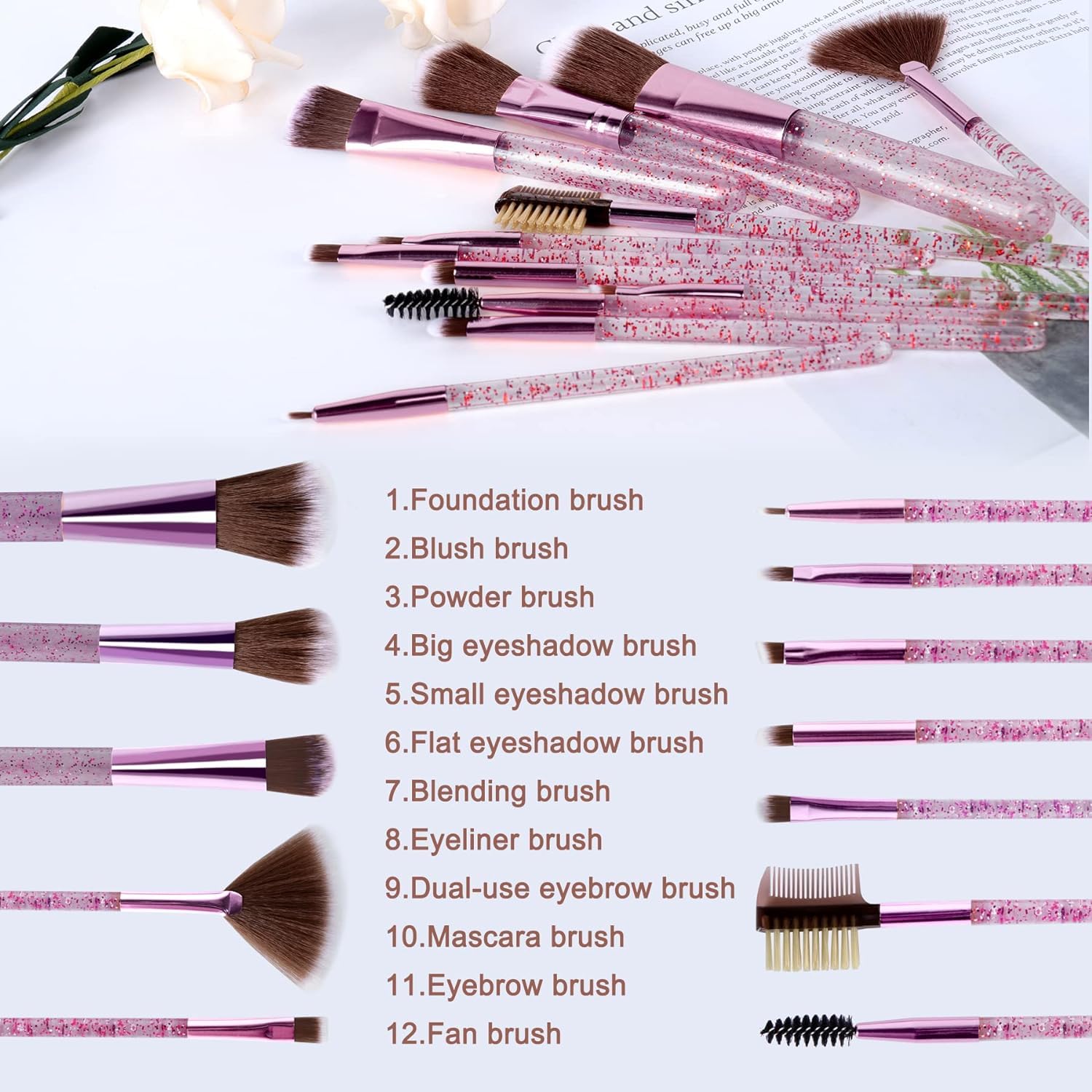 Glamzone 12-Piece Professional Travel Makeup Brush Set with Portable Case - Foundation, Blush, Powder, Eyeshadow, Eyebrow & Lip Brushes - Perfect Gift Kit (Glitter Pink) | Ideal for On-the-Go Makeup, Travel Essentials & Professional Makeup Artists