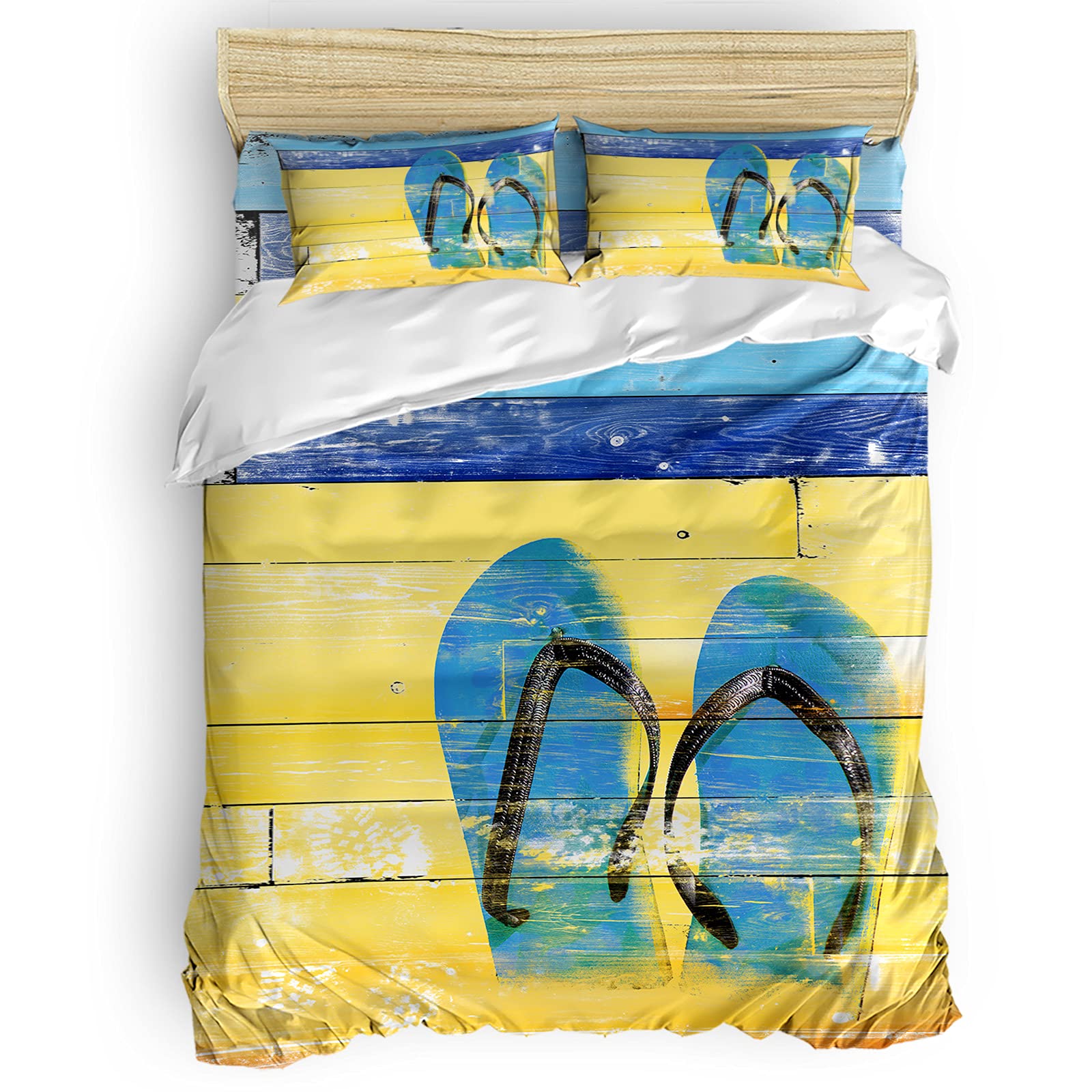LEOKOTI 4-Piece Queen Size Bedding Set - Summer Beach Blue Flip Flop Design with Yellow & Blue Shabby Wooden Stripes, Includes Quilt, Pillow Sham & Sheet - Breathable Microfiber All-Season Bed Cover - Perfect for Beach House, Guest Room or Coastal Themed Bedroom Decor