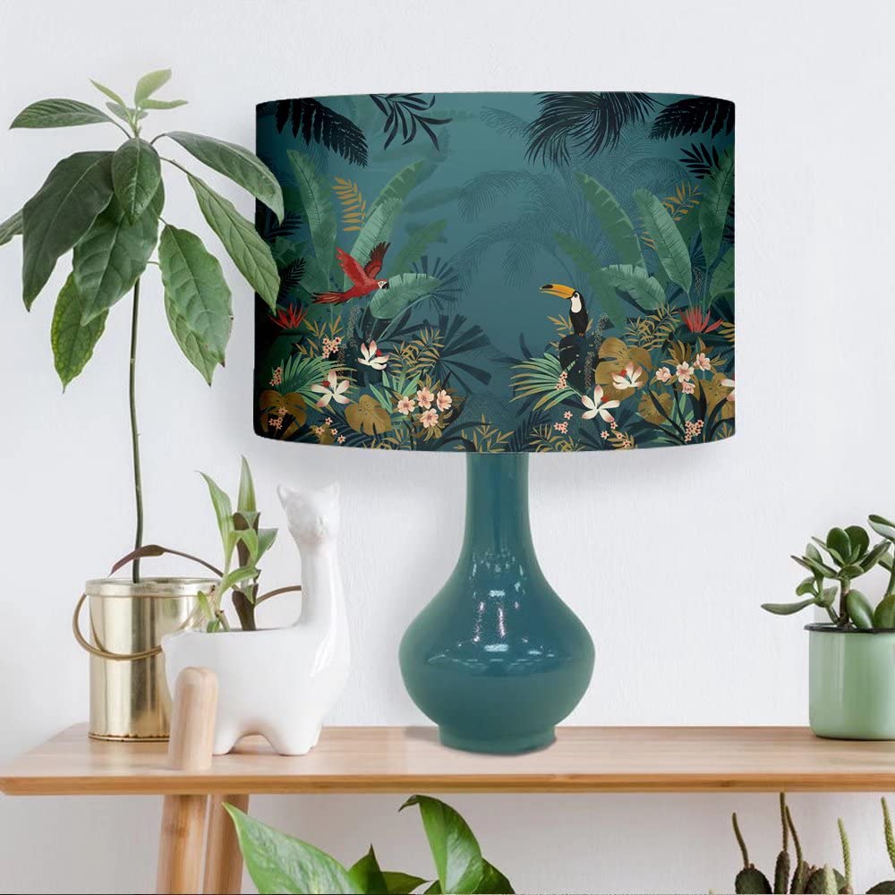Tropical Forest Cylinder Lamp Shade with Bird & Floral Design - Natural Linen Fabric Drum Ceiling Light Cover for Table & Desk Lamps - Perfect for Living Room, Bedroom & Home Decor - Creates Cozy Ambiance for Relaxation & Reading