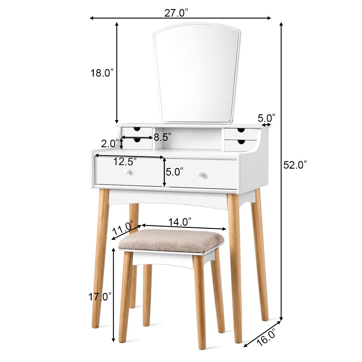 CHARMAID 6-Drawer Makeup Vanity Set with Cushioned Stool & Unique Mirror - Modern Dressing Table for Bedroom & Bathroom - Elegant Vanity Desk for Women & Girls - Perfect for Makeup Organization & Beauty Routine