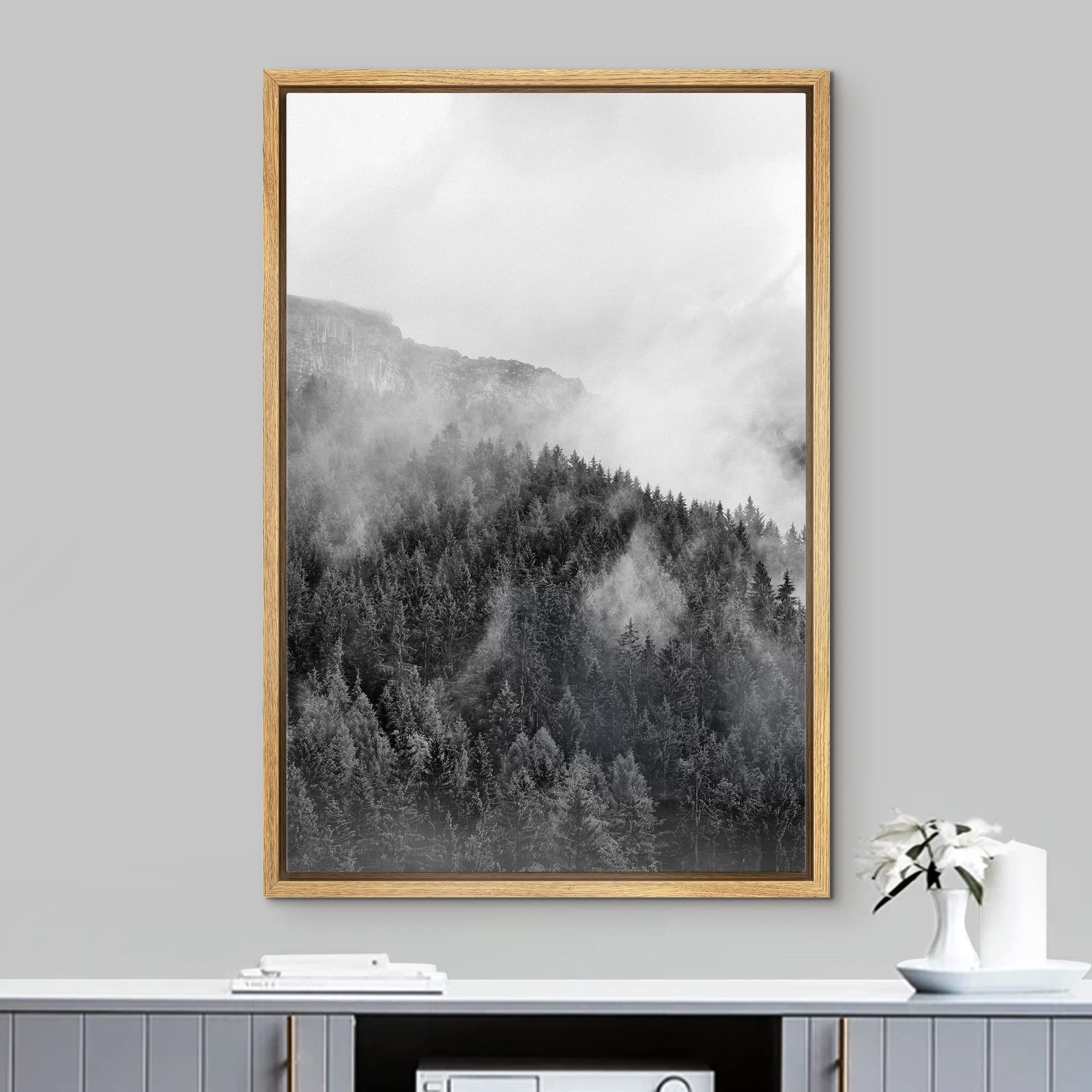 IDEA4WALL Framed Canvas Print - Black & White Misty Mountain Forest Wall Art, Woodland Nursery Decor, Nature Wilderness Realism, Dramatic Cool Design for Living Room, Bedroom, Office, 24