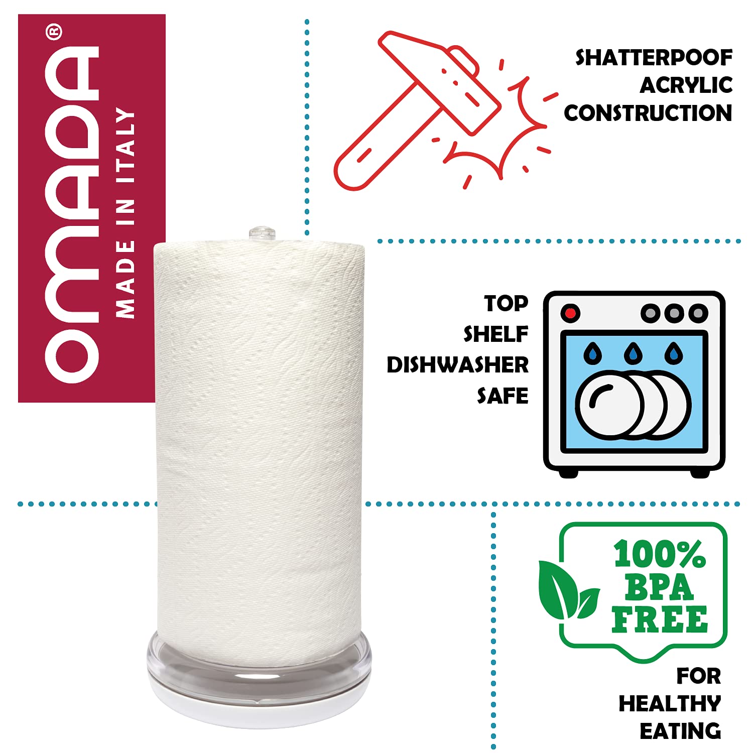 Omada Acrylic Paper Towel Holder - Clear Countertop Stand with White Base - Modern Kitchen Roll Dispenser for Bathroom & Office Use