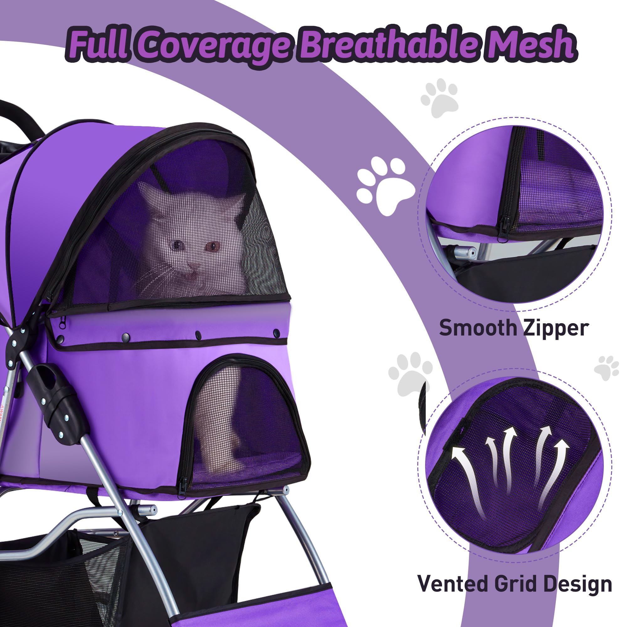 Premium 4-Wheel Pet Stroller for Small & Medium Dogs & Cats - Foldable Lightweight Design with Cup Holder, Storage Basket & Breathable Mesh - All-Season Pet Carrier (Purple) - Perfect for Park Walks, Vet Visits & Outdoor Adventures