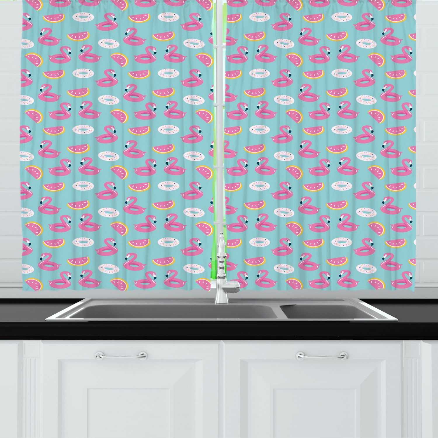 Ambesonne Summer Pink Long Kitchen Curtains - Donut & Flamingo Pool Design Drapes with Rod Pocket, 55x45 Inches, Pale Turquoise - Perfect for Beach House Decor, Poolside Windows, and Tropical Themed Kitchens