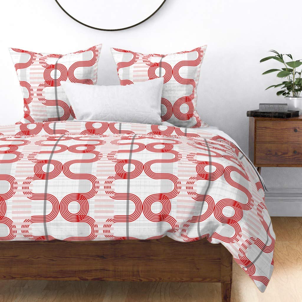 Bauhaus Geometric Pink Gray Abstract Modern Red Mid Century Print Cotton Sateen Duvet Cover - King/California King Size | Custom Bedding by Spoonflower | Perfect for Modern Bedroom Decor & Mid Century Inspired Interiors